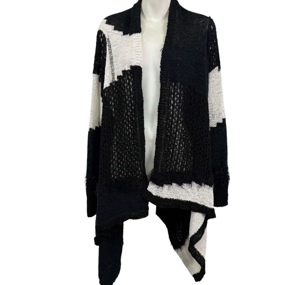 Chicos Open Chunky Open Knit Blue Black White Asymmetric Cardigan Sweater sz 2 L